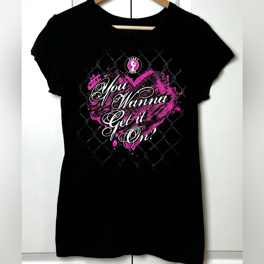 Fight Chix | You Wanna Get It On? Black with Pink Shirt, Women’s Large